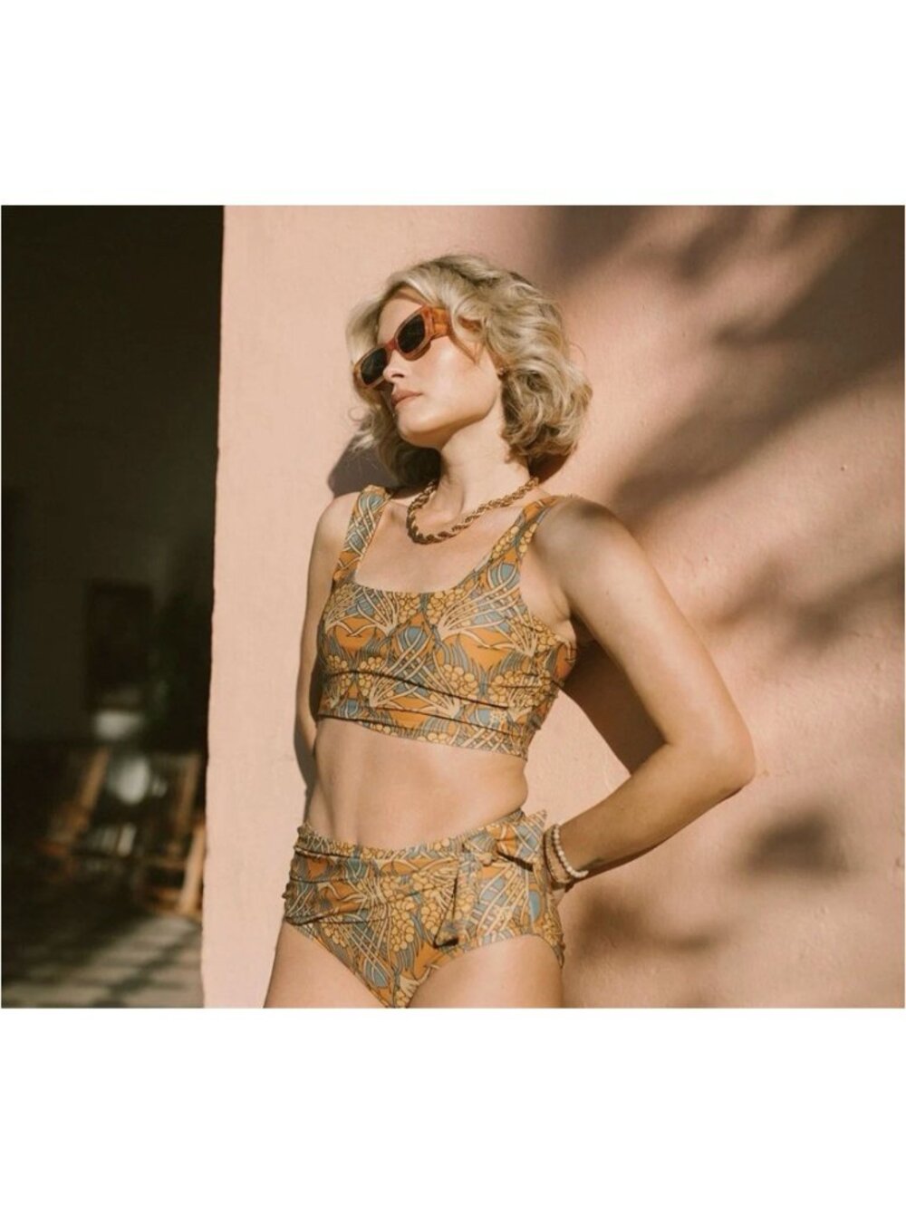Albion Fit Golden Hour Olivia Orange Floral Crop Swim Top Women's Size Small